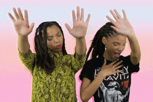 Celebrity gif. Chloe x Halle put their hands forward and shaking their heads, like the Holy Spirit is speaking to them directly.