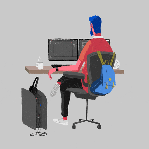 Illustrated gif. Man sits in an office chair at a desk, moving side by side as he looks at his dual monitors. There’s a cup of coffee next to his computer that is steaming hot.
