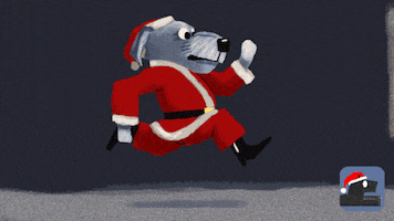 Animation gif. Gray dog, dressed as Santa Claus, runs fast down a sidewalk.