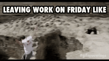 Video gif. Showing off some serious parkour moves, a man jumps off the edge of a wall and begins to run. Text, “Leaving work on Friday like.”