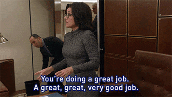 TV gif. Julia Louis-Dreyfus as Selina Meyer on Veep stands in front of a table as she says “You're doing a great job. A great, great, very good job.” She moves her hands to emphasize her words. Tony Hale as Gary Walsh tries to discreetly pick up a trash can. He scurries over next to Selina and puts a piece of trash in the can. He then scurries back to put the trash can back where it was. 