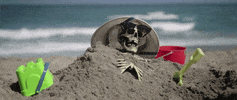 Music video gif. From Island by Surfer Blood, we see a skeleton on the beach, wearing sunglasses and a bucket hat. It's buried up to its neck in the sand, surrounded by beach toys with waves approaching in the background.