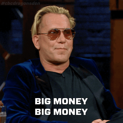 Reality TV gif. Michael Wekerle from Dragons' Den declares "big money, big money!"