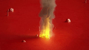 Digital art gif. Fireball in a sea of redness burns with billowing smoke coming out of it.
