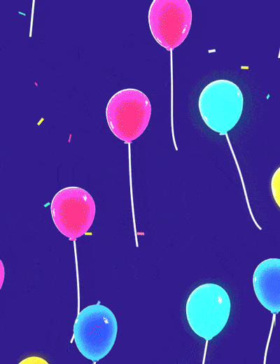 Pohyblivý kreslený obrázek se vzlétávajícími nafukovacími barevnými balónky.