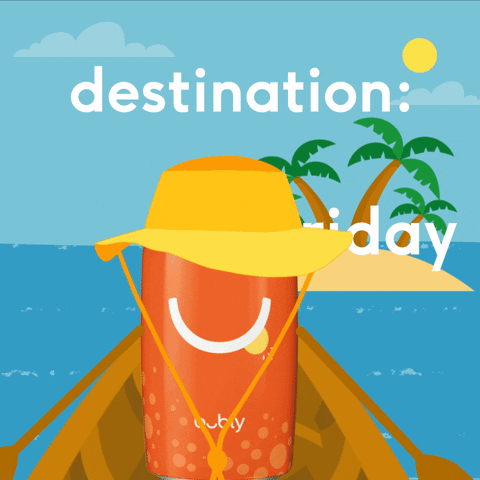 Ad gif. A can of Bubly wears a safari hat and is rowing a boat towards an island. Text, "Destination: Friday."