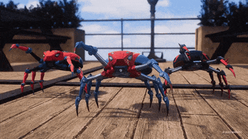 3D animated gif. Three Spiderman-themed spiderbots dance on a wooden deck, bobbing their heads and waving their arms back and forth in unison. 