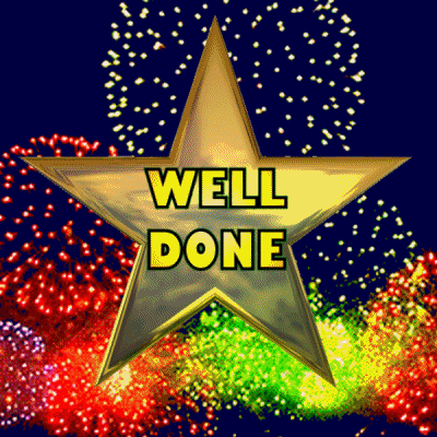 Digital art gif. A spinning gold star is emblazoned with the words, "Well done." Red, green, pink, and yellow peony fireworks erupt in the background.