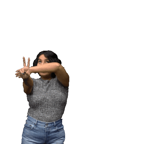 Video gif. Woman smiles as she holds up a peace sign against a transparent background. She fans out her opposite arm, revealing an illustrated rainbow that reads, "Imagine peace," then erases it as her arm arcs back over her head.