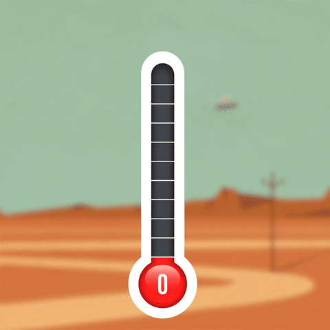 Digital art gif. A thermometer grows hotter and hotter until it bursts out of the top, indicating a scorching heat wave.