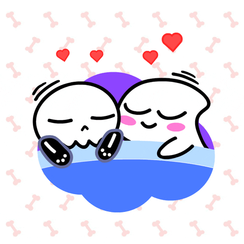 Digital illustration gif. Skeleton and a ghost are tucked in under a blanket, cuddling and dozing together, breathing at the same pace as hearts flutter up around them against a background filled with a repeating pattern of pink bones. 