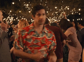 Movie gif. Andy Samberg as Nyles in Palm Springs dances groovily, moving his hands with his thumbs up from side to side, a serious expression on his face as he dances. People dance behind him with drinks in their hands.