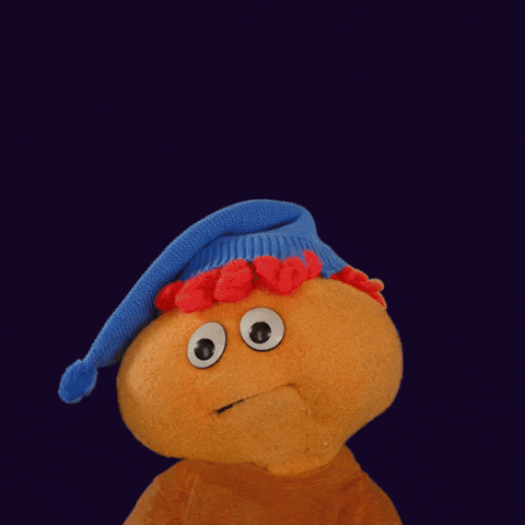 Cartoon gif. Gilbert the puppet is wearing a sleep cap and he eagerly says, "Good night!" to us.