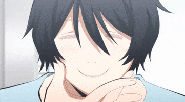Anime gif. Yuma Isogai from Assassination Classroom. He holds his chin in his hand and the camera pans out to show a dopey smile filling his face.