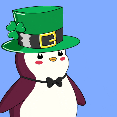 Cartoon gif. A purple penguin in a bowtie wears a green leprechaun hat and takes it off. With the hat held bottom side up, a bunch of green shamrocks and sparkles magically flow out of the hat. 