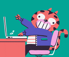 Digital art gif. A tiger has their arms outstretched and is banging at their keyboard, fake-working hard. They stare wide-eyed at us and endlessly hits their keyboard, over it.