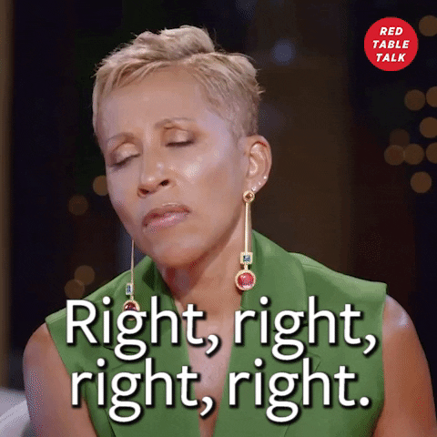 Celebrity gif. Adrienne Banfield Norris nods in agreement as she looks to the side. Text, "Right, right, right, right."