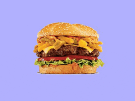 Video gif. Loaded burger shakes back and forth in front of a purple background.