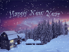 Illustrated gif. Snow falls gently on a rustic house nestled among pine trees at dusk. Text, "Happy New Year."