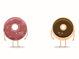 Digital art gif. Two donuts, one chocolate and one strawberry, jump in the air and high five.