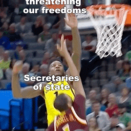 Sports gif. Indiana Pacer Lance Stephenson labeled "Secretaries of State" jumps and blocks a dunk attempt from a Cleveland Cavalier, the ball labeled "Trump Republicans threatening our freedoms."