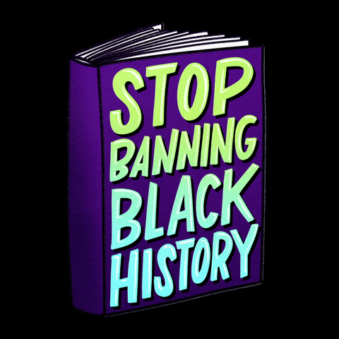 Text gif. Undulating book with big block letters across the front reading "Stop banning Black history" against a black background.