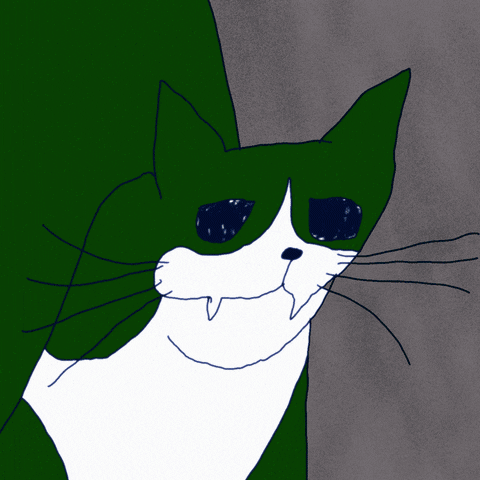 Cartoon gif. A green cat screams and the image shakes and blurs with the ferocity of the scream. The cat stops and so does the image distortion for a moment. The cat pulls back in anticipation of screaming again in a perfect loop.