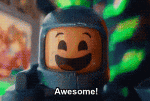 Movie gif. Benny, a character from Lego Movie, wears a blue helmet smiles and winks at us as he speaks. Text, "Awesome!"