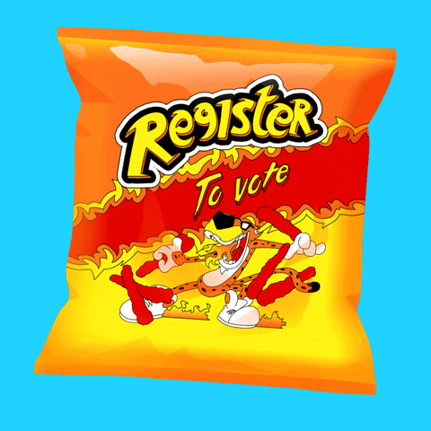 Illustrated gif. Bag of Flamin Hot Cheetos floating on an aqua background, text instead reading, "Register to vote!"
