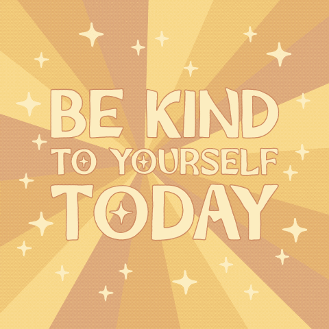 Digital art gif. In front of a spinning wheel of neutral colors, all-caps text reads, "Be kind to yourself today," surrounded by sparkling cream-colored stars.
