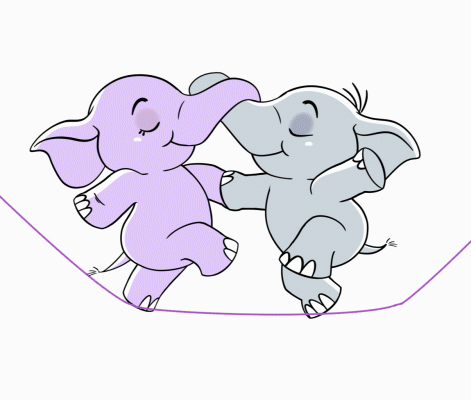 Kreslený gif s šedým a fialovým slonem, držícími se za choboty a tancujícími na provázku. 