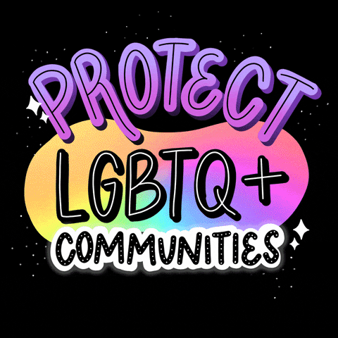 Digital art gif. Big, bubble letters in purple and black backed by a rainbow oblong shape spell out "Protect L-G-B-T-Q-plus communities," against a black background.