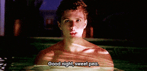 Movie gif. Ryan Phillippe as Sebastian Valmont in Cruel Intentions stands in a pool at night. He has a serious, almost angry expression on his face as he says, “Good night, sweet pea.”