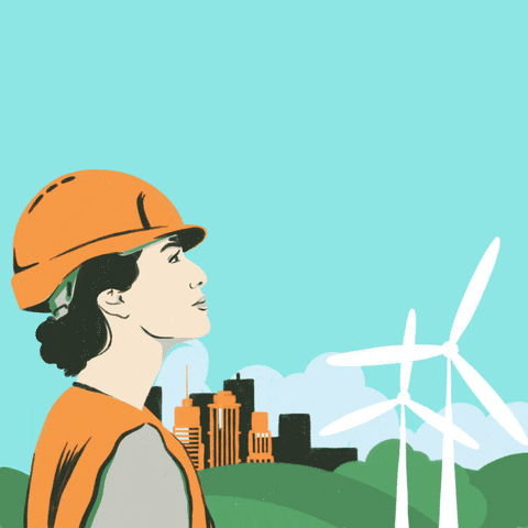 Illustrated gif. Person wearing an orange hard hat and vest gazes past a spinning wind turbine. Green hills separate them from an orange and black city skyline in front of an aqua background. Text, "The American Rescue Plan put U.S. back on track."