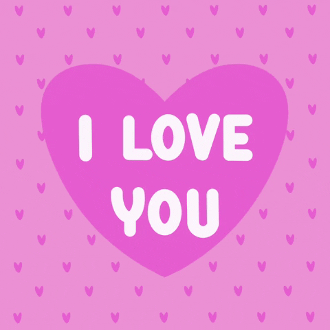 Text gif. White bubble letters read "I love you" inside of a pink heart, in front of a lighter pink background with effervescent tiny hearts.