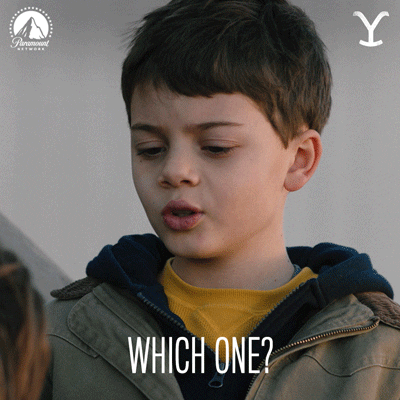 TV gif. Brecken Merrill as Tate Dutton in Yellowstone glances down at someone and asks, "Which one?"