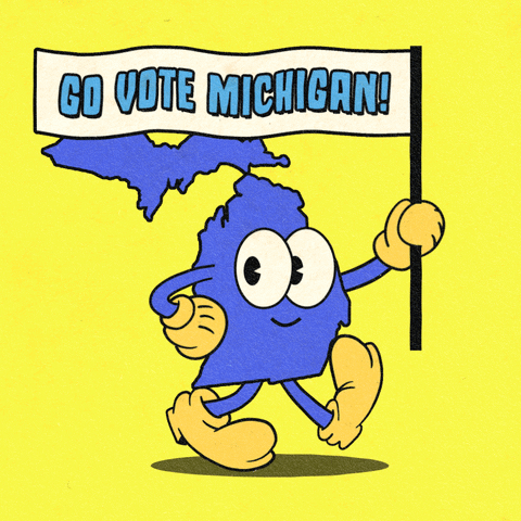 Digital art gif. Blue shape of Michigan smiles and marches forward with one hand on its hip and the other holding a flag against a bright yellow background. The flag reads, “Go vote Michigan!”