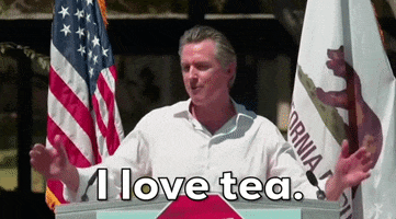 Political gif. Giving a speech outside in front of an American flag and a California state flag, Gavin Newsom gestures to himself and smiles. Text, "I love tea."