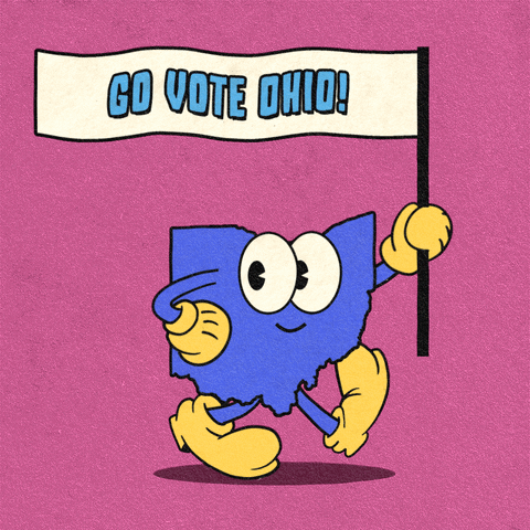Digital art gif. Blue shape of Ohio smiles and marches forward with one hand on its hip and the other holding a flag against a pink background. The flag reads, “Go vote Ohio!”