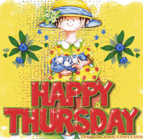 Digital illustration gif. Woman wearing a yellow sunhat, smiles while holding a blue blanket containing three baby rabbits. Sparkles shimmer across the text, "Happy Thursday."