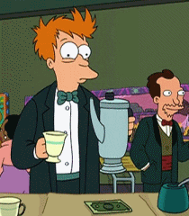 TV gif. A scene from the Futurama episode "Three Hundred Big Boys". Dressed in a tuxedo, a twitching, jittery Fry pours and drinks his 99th cup of coffee.