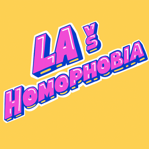 Digital art gif. Bright ink and blue bubble text pops on the screen against a yellow background and reads, "L-A versus homophobia."