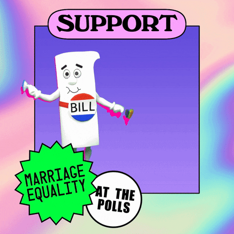 Digital art gif. Bill from Schoolhouse Rock with a glowing rainbow rim, dancing in place on a purple background, limited by his lack of hips, waving two small pride flags around with verve, framed by pastel rainbow tie-dye, a neon green dodecagram emphasizing the message. Text, "Support marriage equality at the polls."