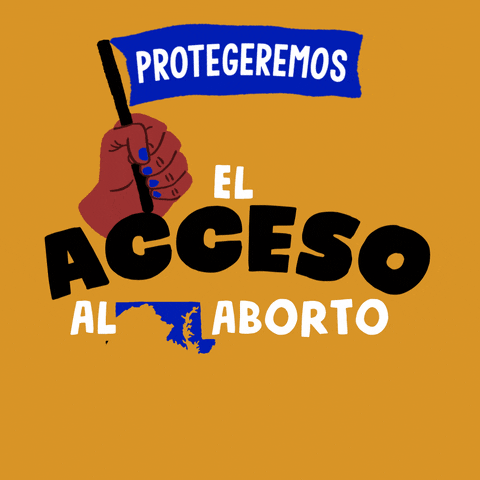 Text gif. Brown hand with blue fingernails in front of mustard yellow background waves a blue flag up and down that reads, “Protegeremos” followed by the text, “El acceso al aborto Maryland.”