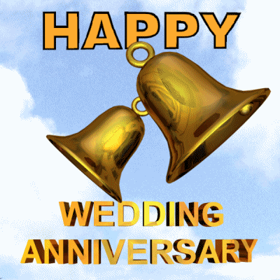 Pohyblivý obrázek se zvonícími zvony a otáčejícím se nápisem "Happy wedding anniversary". 