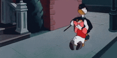 Cartoon gif. Donald Duck walks on the sidewalk in a fancy suit with a top hat and cane. He walks very entitled with his beak up turned. Daisy Duck clings to his arm, pleadingly, as she kneels on the ground. He keeps walking, ignoring her basically, and then throws a Reddit upvote button icon at her.