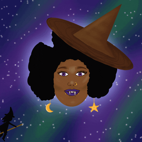 Illustrated gif. Black woman with purple eyes, fangs, and a witch hat on her head winks at us. Behind her in the night sky, a witch flies up on a broom.