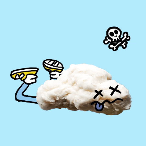 Illustrated gif. A cloudlike character with yellow sneakers lying on its stomach as if it's knocked out. A skull and crossbones appears above.