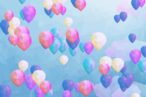 Pohyblivý barevný obrázek s létajícími a praskajícími balónky. 