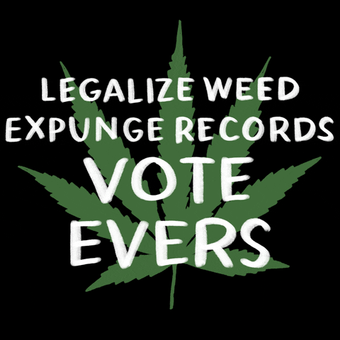 Digital art gif. Green marijuana leaf on a black background with a message in white marker font, "Legalize weed, expunge records, Vote Evers."